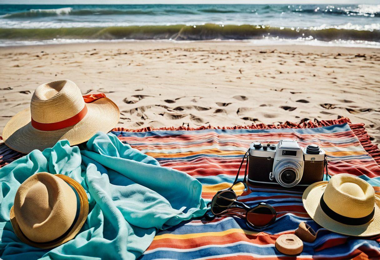 A serene summer beach scene featuring flowing waves, soft sandy shores, and a whimsical breeze. Display colorful beach attire such as vibrant swimsuits and sun hats hanging on a rustic wooden frame. In the background, a vintage film camera rests on a picnic blanket, inviting viewers to reminisce about lost summer films. The overall mood should evoke nostalgia and warmth with a hint of storytelling. vibrant colors. super-realistic. airy and bright.